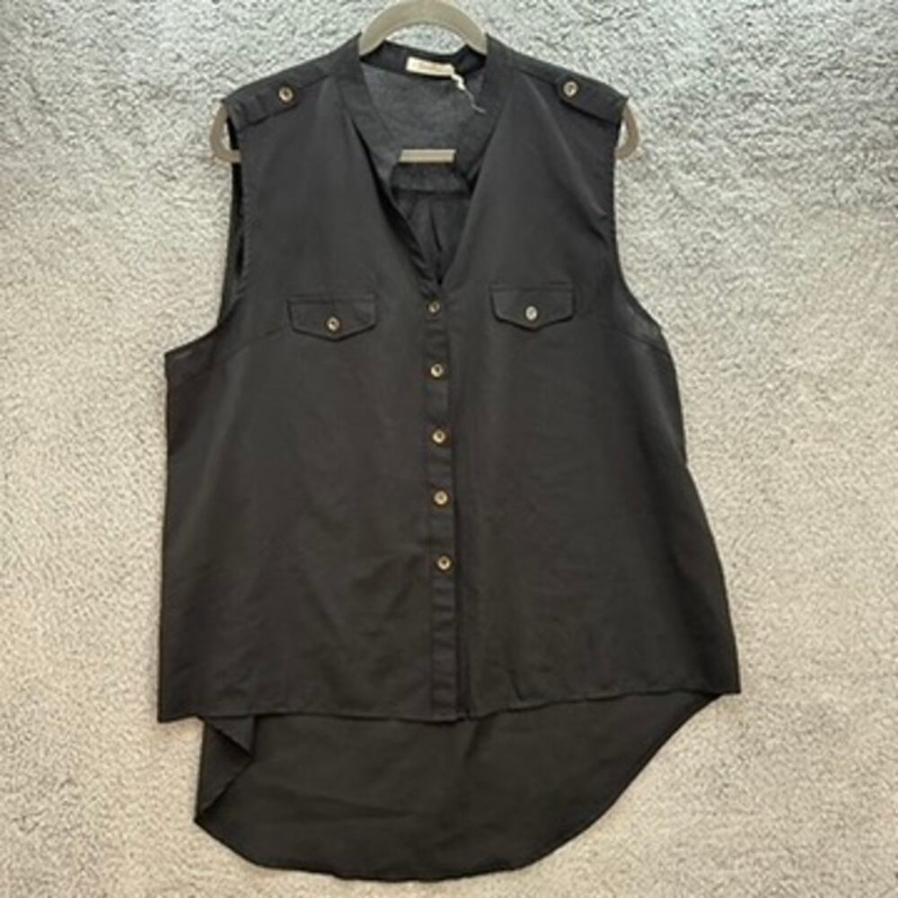 Minette Size 3X Lightweight Black Top Gold Buttons‎ Sleeveless Long in Back